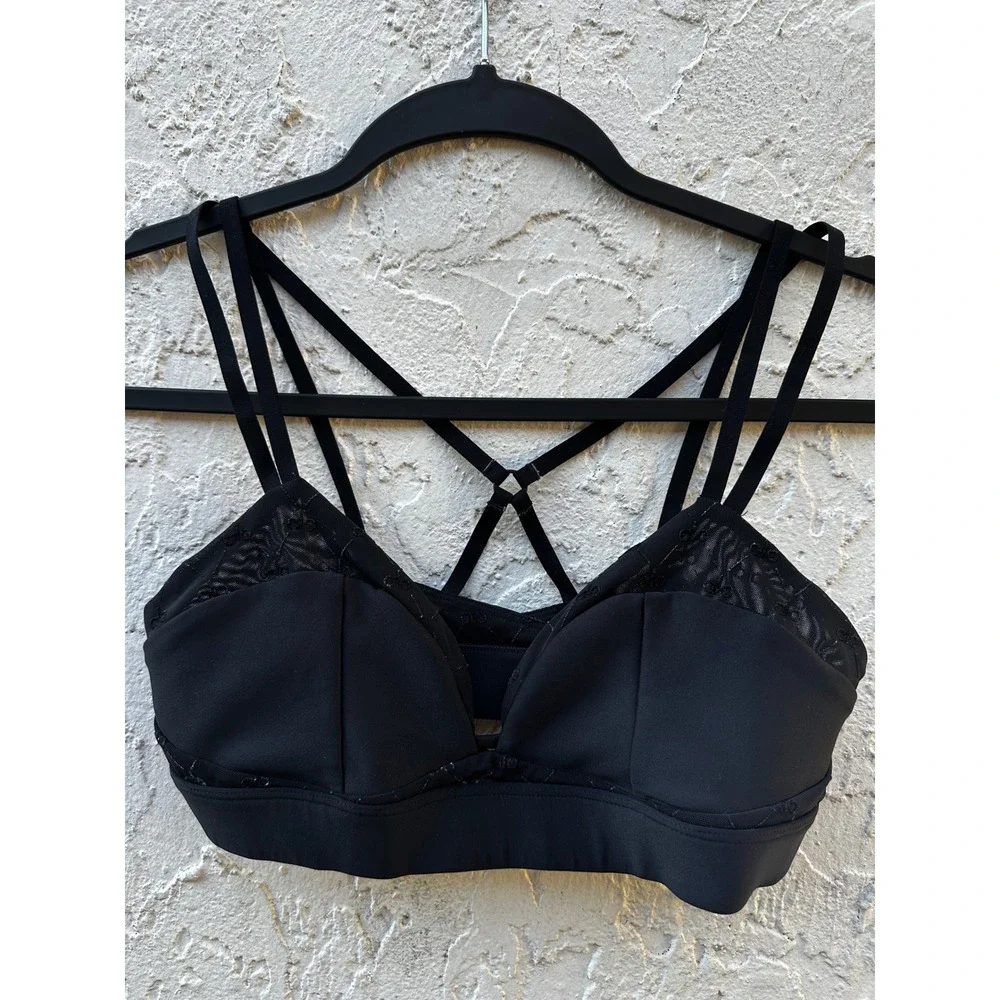 Alo Yoga Airlift Mesh Celeste Sports Bra Black Strappy Logo Spo XS